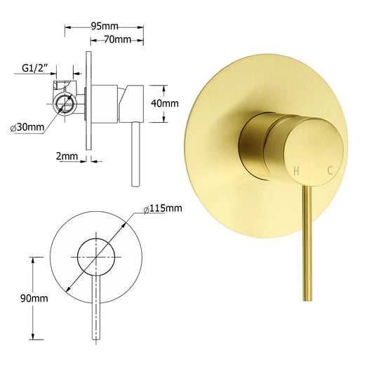 Watermark Brushed Gold Round Bathroom Shower Hot Cold Mixer Ceramic Cartridge OZ - Image 2