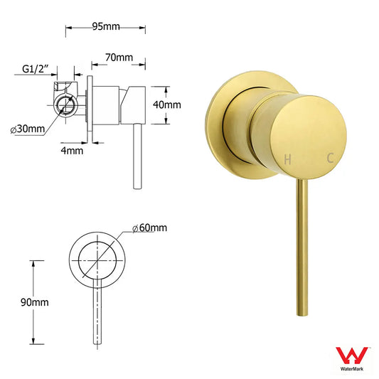 Brushed Gold Round Wall Mounted Shower Mixer Hot Cold Bath Tap Valve Cartridge - Image 2