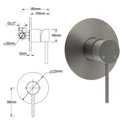 Watermark Gun Metal Grey Round Bathroom Shower Hot Cold Mixer Ceramic Cartridge - Image 4