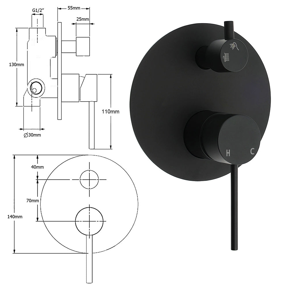 Stainless Steel Black Round Shower Mixer Diverter Lead Free Healthy For Bath Set - Image 2