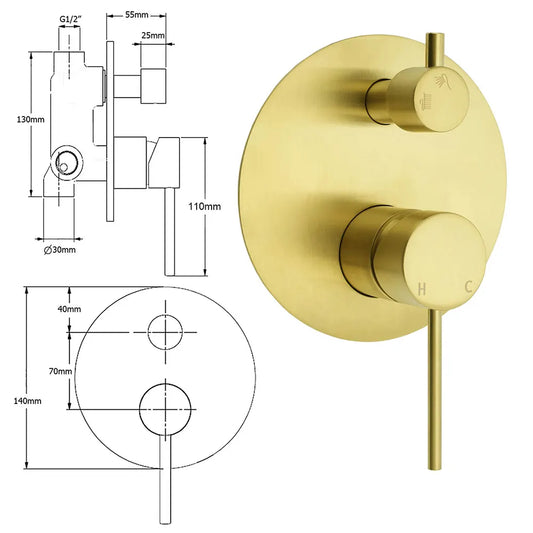 Brushed Gold Round Shower Mixer 2 Way Diverter For Bath Twin Shower Watermark - Image 2