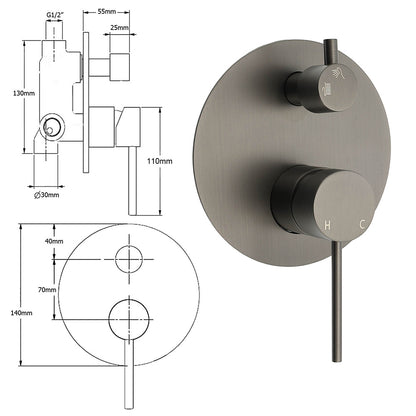 Gun Metal Gray Round Shower Mixer 2 Way Diverter For Bath Twin Shower Watermark - Image 2