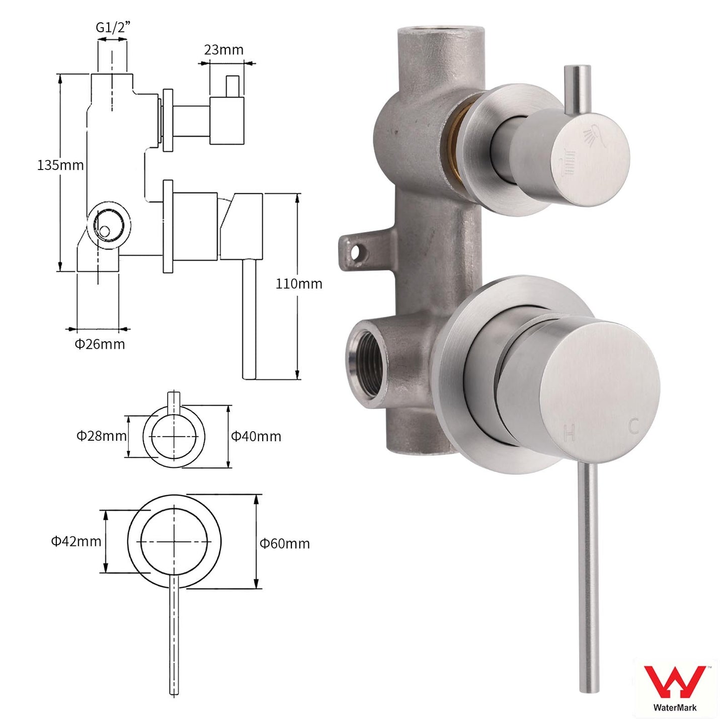 Brushed Nickel Round Bathroom Small Face Shower Mixer 2 Way Diverter Switch Set - Image 2