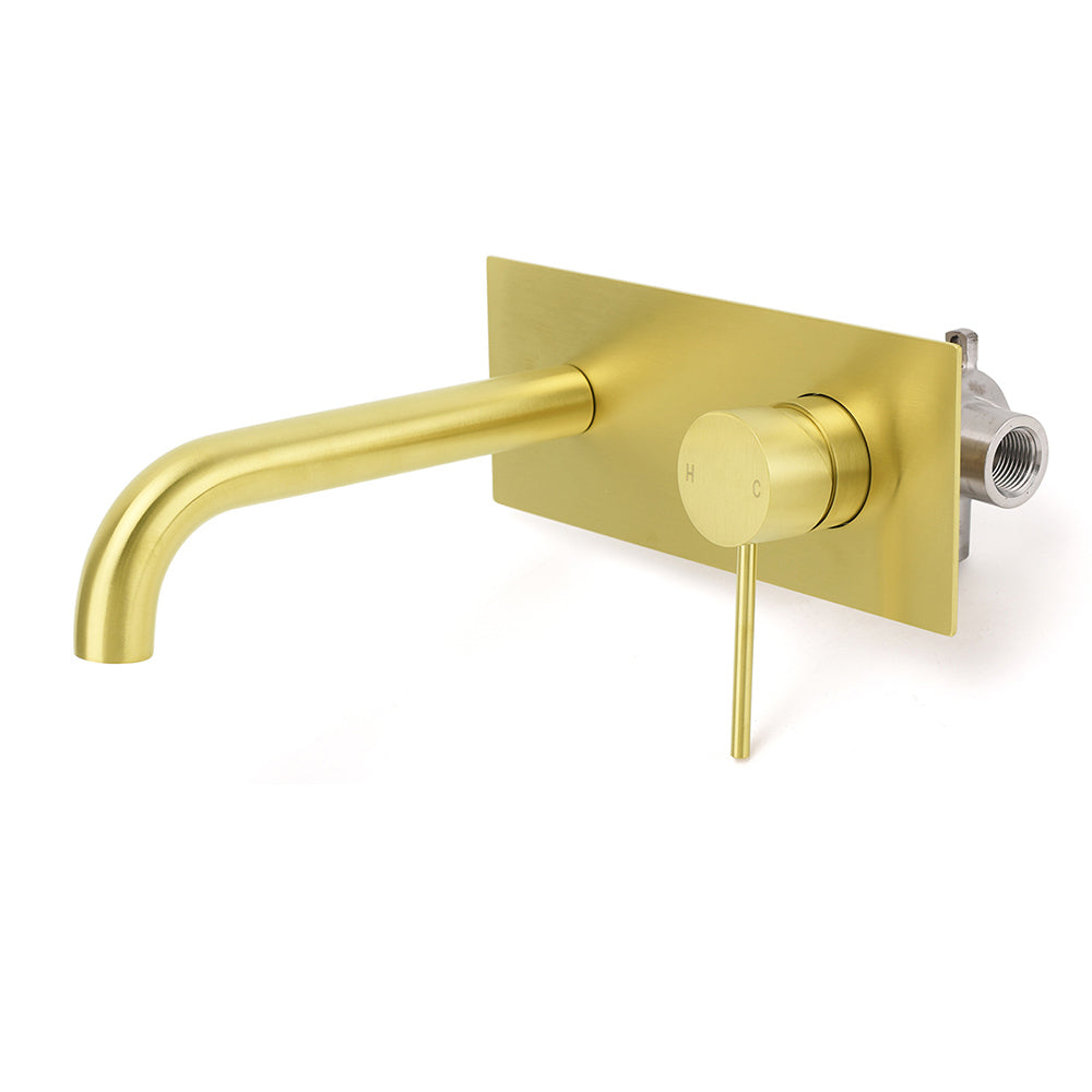Brushed Gold Round Wall Mounted Basin Mixer Vanity Sink Tap Faucet Curve Spout - Image 2