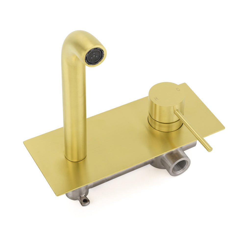 Brushed Gold Round Wall Mounted Basin Mixer Vanity Sink Tap Faucet Curve Spout - Image 4