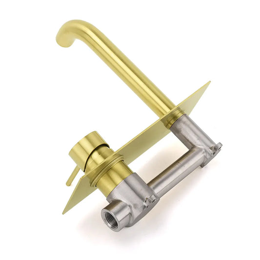 Brushed Gold Round Wall Mounted Basin Mixer Vanity Sink Tap Faucet Curve Spout - Image 5
