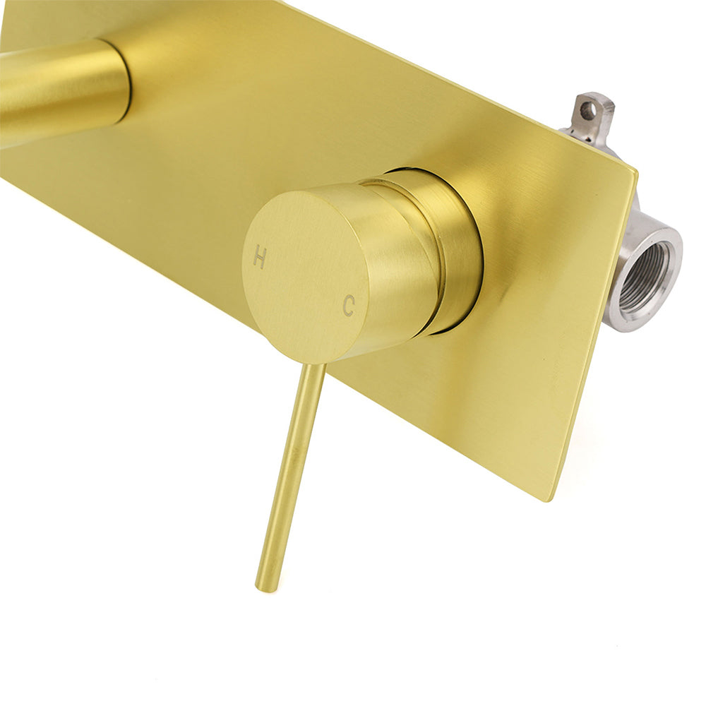 Brushed Gold Round Wall Mounted Basin Mixer Vanity Sink Tap Faucet Curve Spout - Image 6