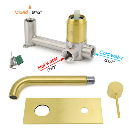 Brushed Gold Round Wall Mounted Basin Mixer Vanity Sink Tap Faucet Curve Spout - Image 8