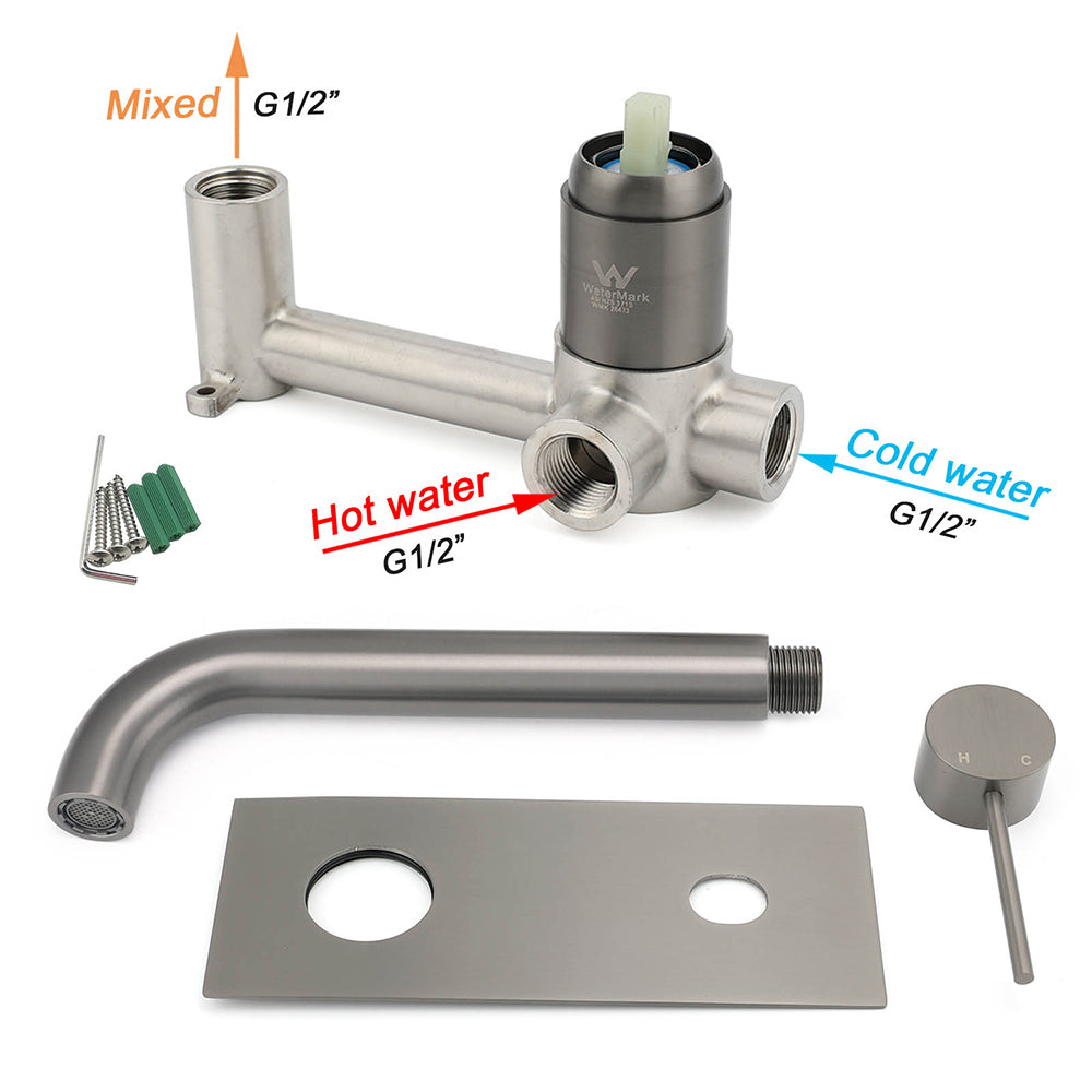 WELS Gun Metal Round Wall Basin Mixer Vanity Sink Tap Hot Cold Faucet Spout - Image 5