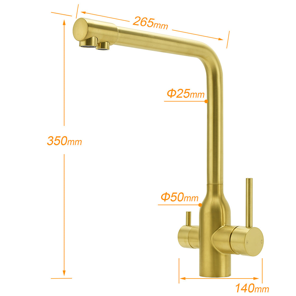 WELS Brushed Gold 3 Ways Kitchen Mixer Tap Swivel Spout Pure Water Sink Faucet Set - Image 2