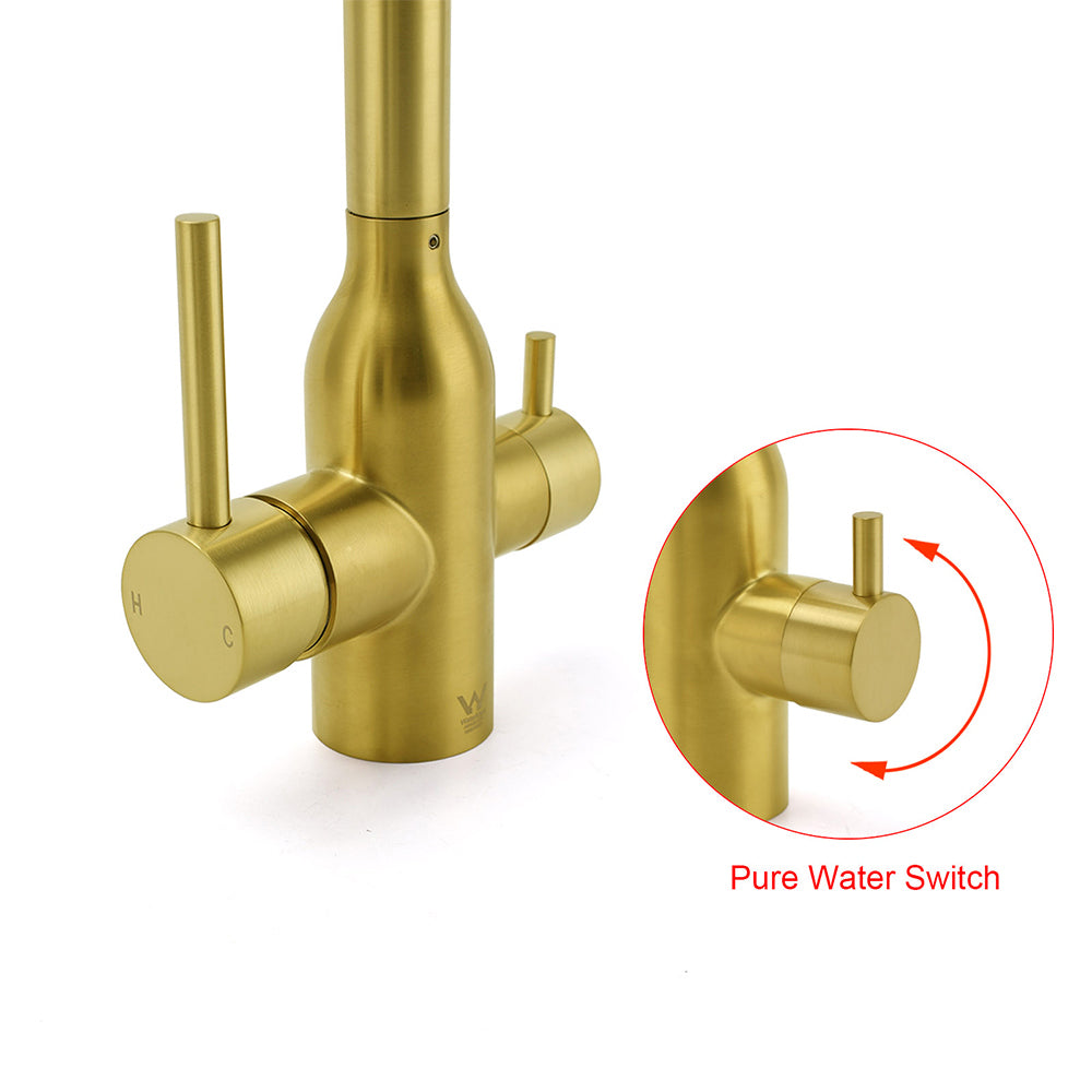 WELS Brushed Gold 3 Ways Kitchen Mixer Tap Swivel Spout Pure Water Sink Faucet Set - Image 7