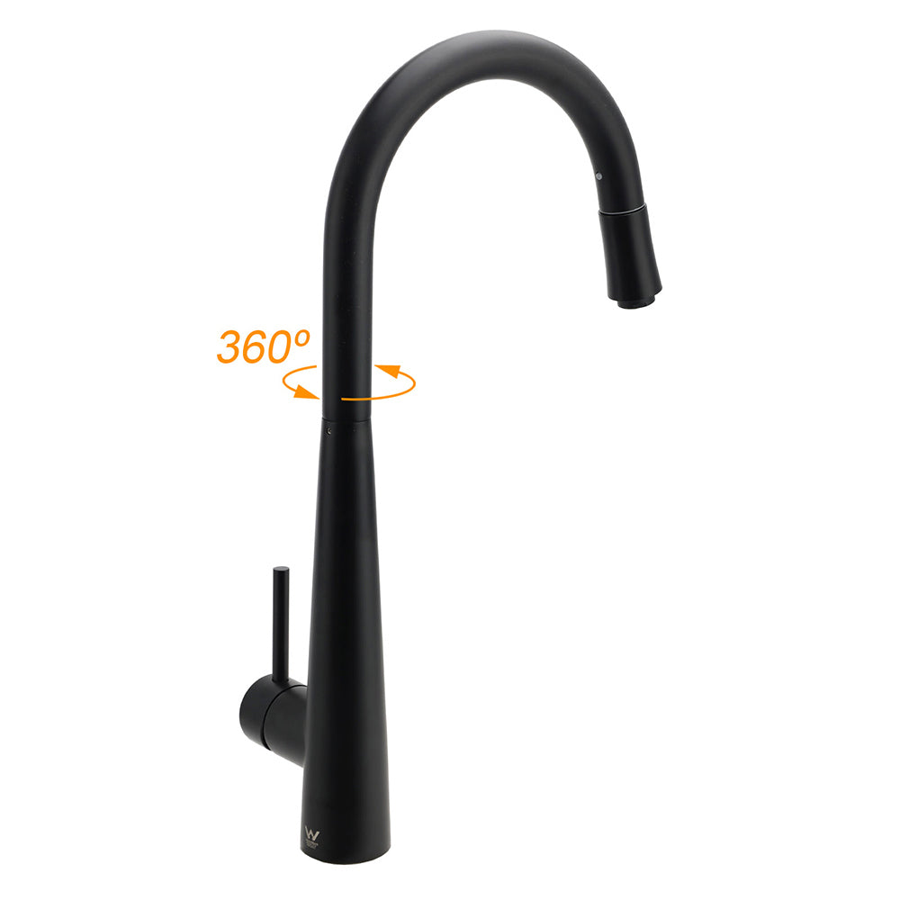 Matt Black Pull Out Long Hose Kitchen Sink Tap Round Basin Mixer Faucet Spout - Image 3
