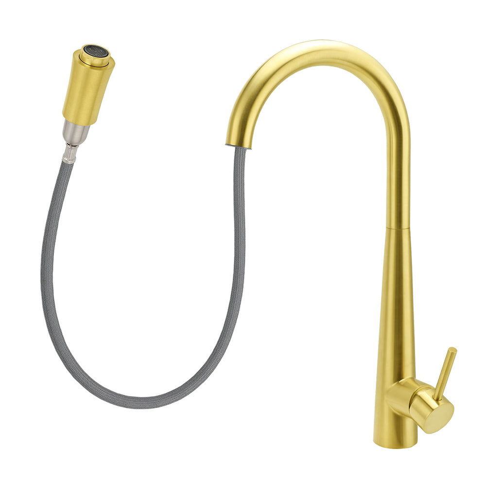 Round Brushed Gold Pull Out Kitchen Sink Tap Basin Mixer Faucet Flexible Spout - Image 2
