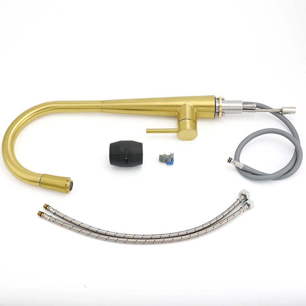 Round Brushed Gold Pull Out Kitchen Sink Tap Basin Mixer Faucet Flexible Spout - Image 8