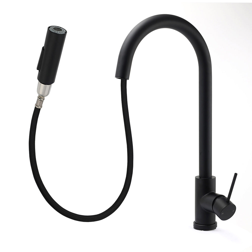 Matt Black Round Pull Out Down Kitchen Sink Tap Laundry Basin Mixer 2 Way Spout - Image 2