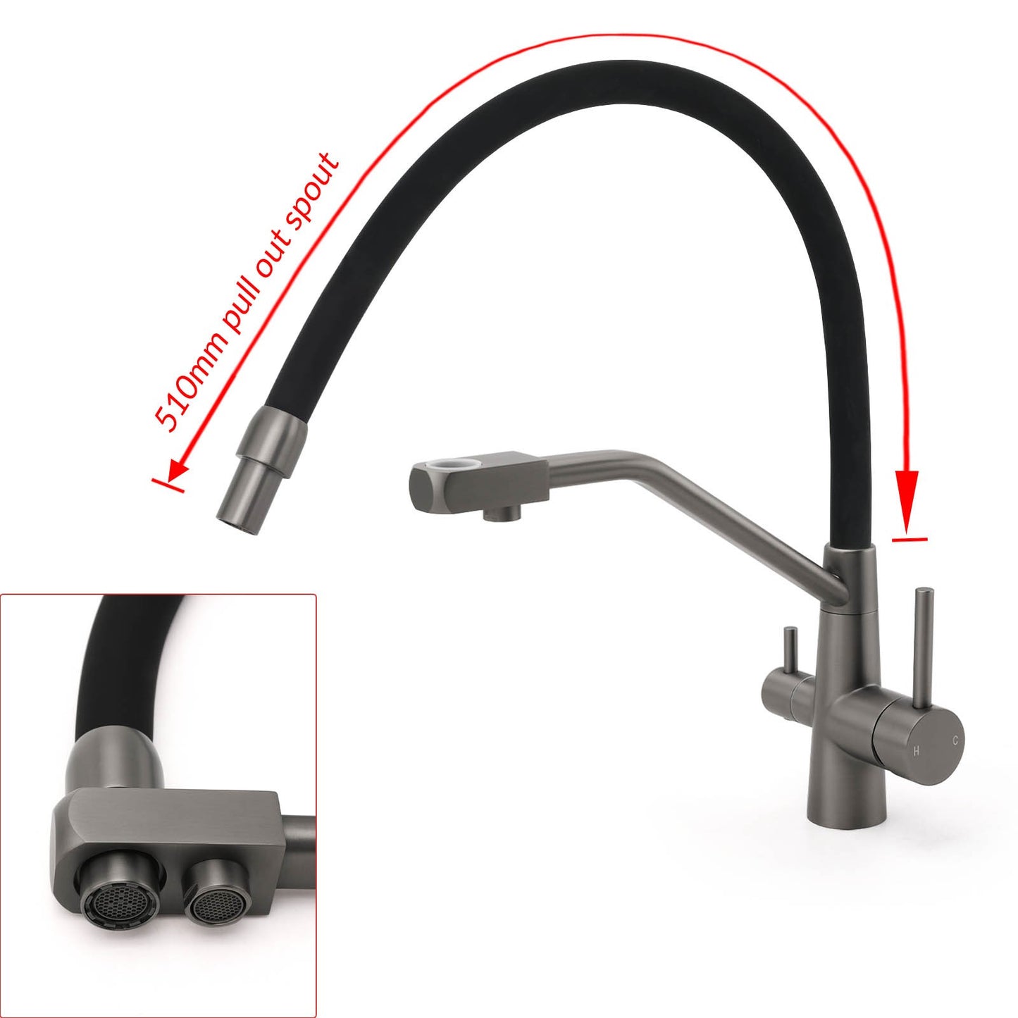NEW Gun Metal Grey 3-Way Drink Pure Water Kitchen Mixer Pull Out Spout Sink Tap - Image 6