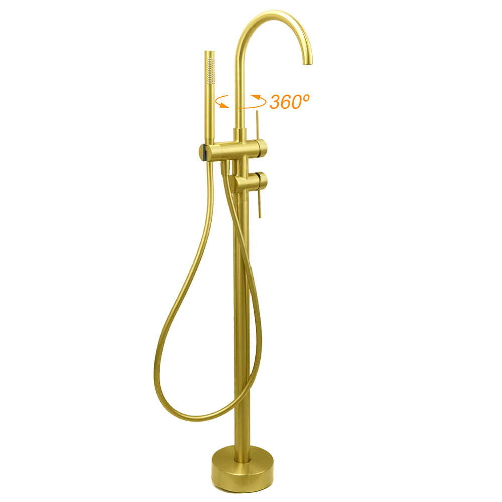 WELS Brushed Gold Bath Tub Mixer Tap Free Standing Faucet Spout Handheld Shower - Image 2