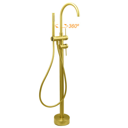 WELS Brushed Gold Bath Tub Mixer Tap Free Standing Faucet Spout Handheld Shower - Image 2