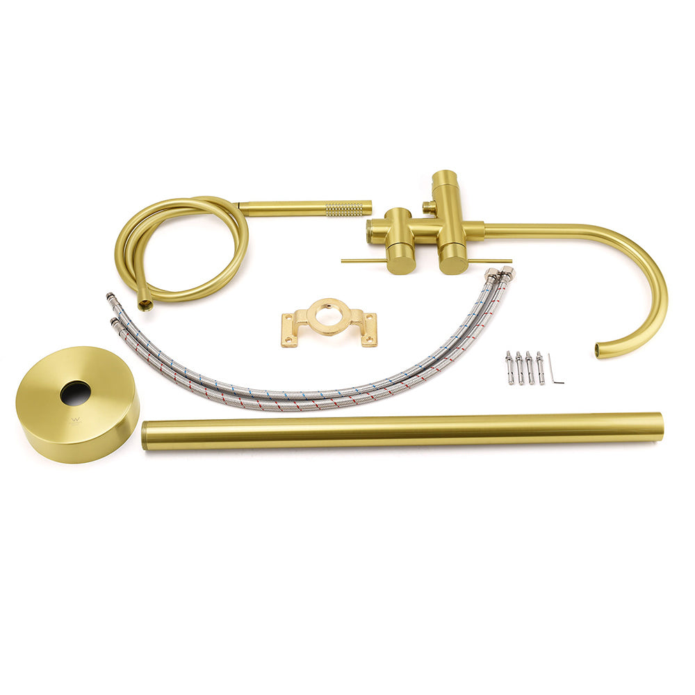 WELS Brushed Gold Bath Tub Mixer Tap Free Standing Faucet Spout Handheld Shower - Image 5