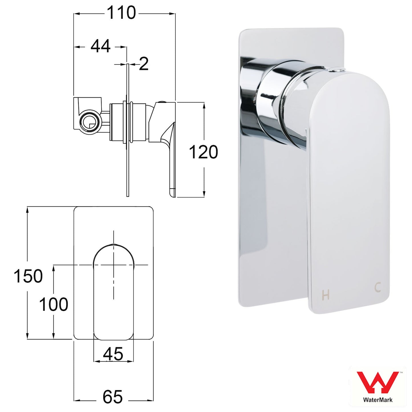 Chrome Square Lever Handle Shower Mixer Hot Cold Water Valve Watermark Standard - Image 2