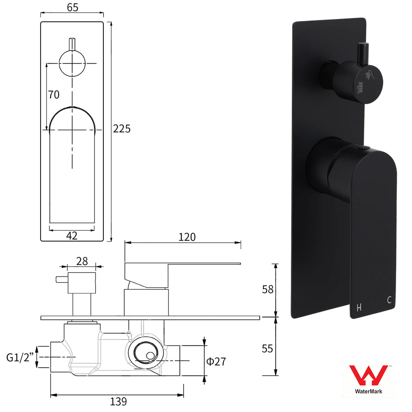 Watermark Matt Black Square Bathroom Shower Mixer 2-Way Control Switch Diverter - Image 2