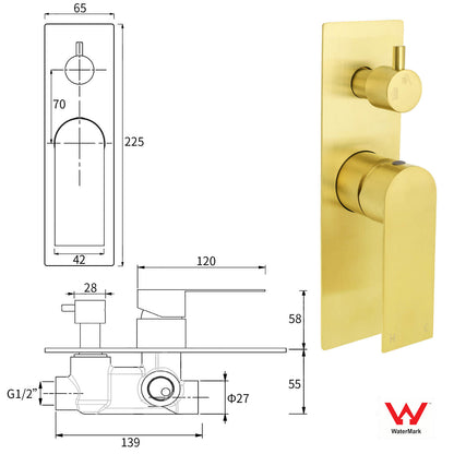 Brushed Gold Bathroom Square Concealed Shower Mixer Diverter Switch Wall Mounnt - Image 2