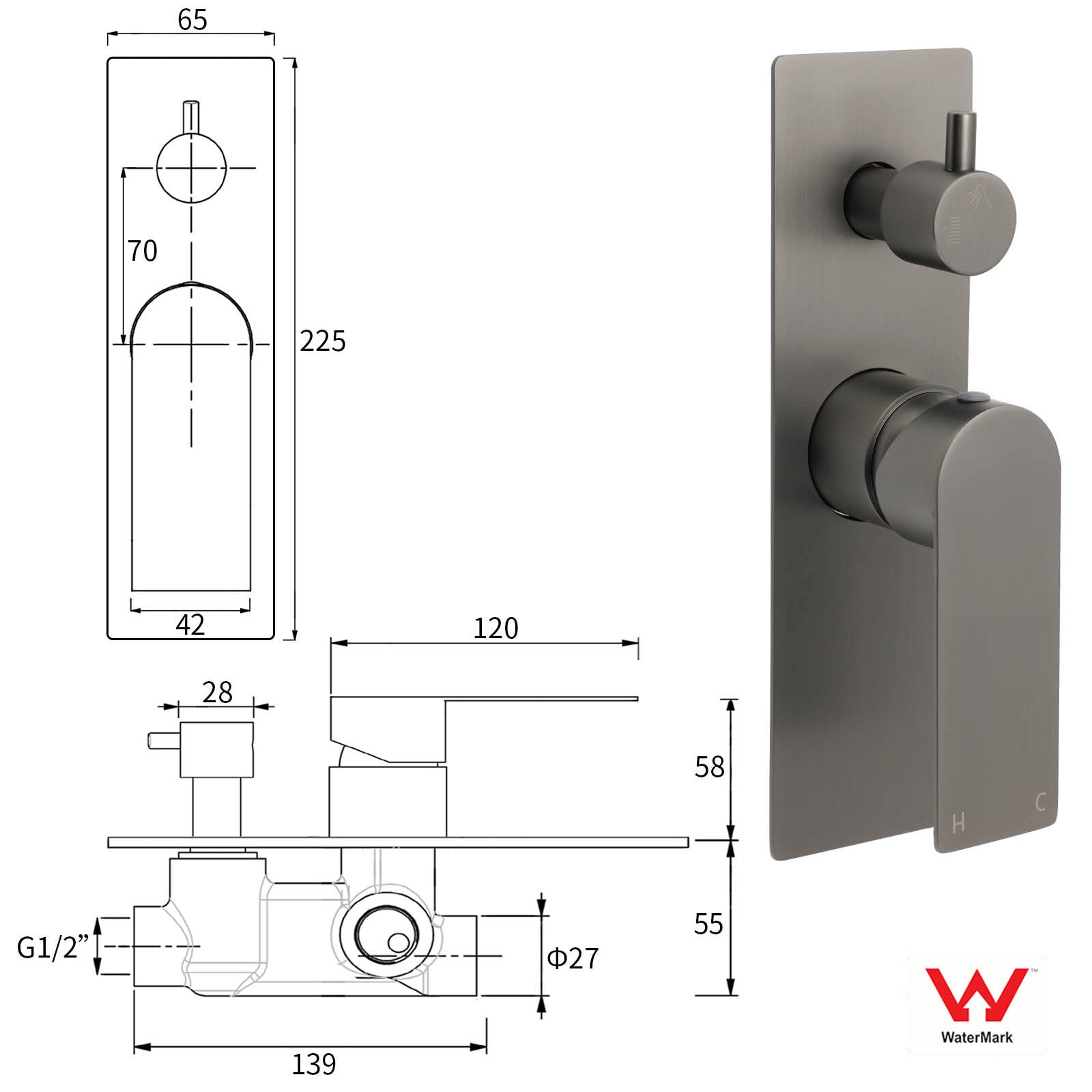 Gun Metal Grey Square Wall Mounted Shower Mixer Diverter 2 Ways Switch Valve Set - Image 2