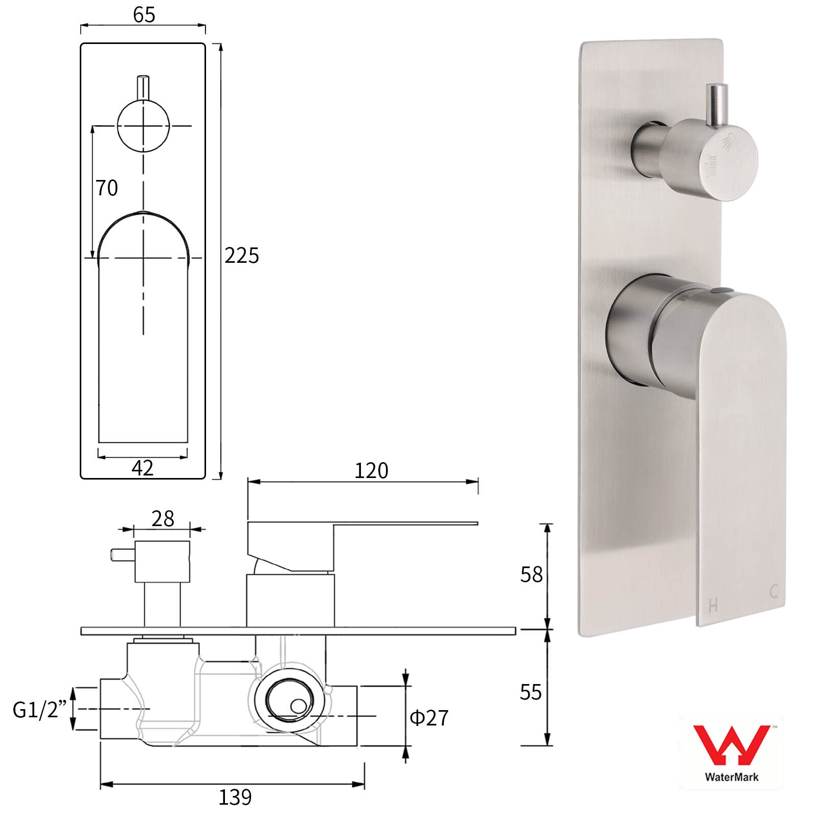 Brushed Nickel Silver Square Stylish 1/2inch Shower Mixer Diverter 2 Way Switch - Image 2