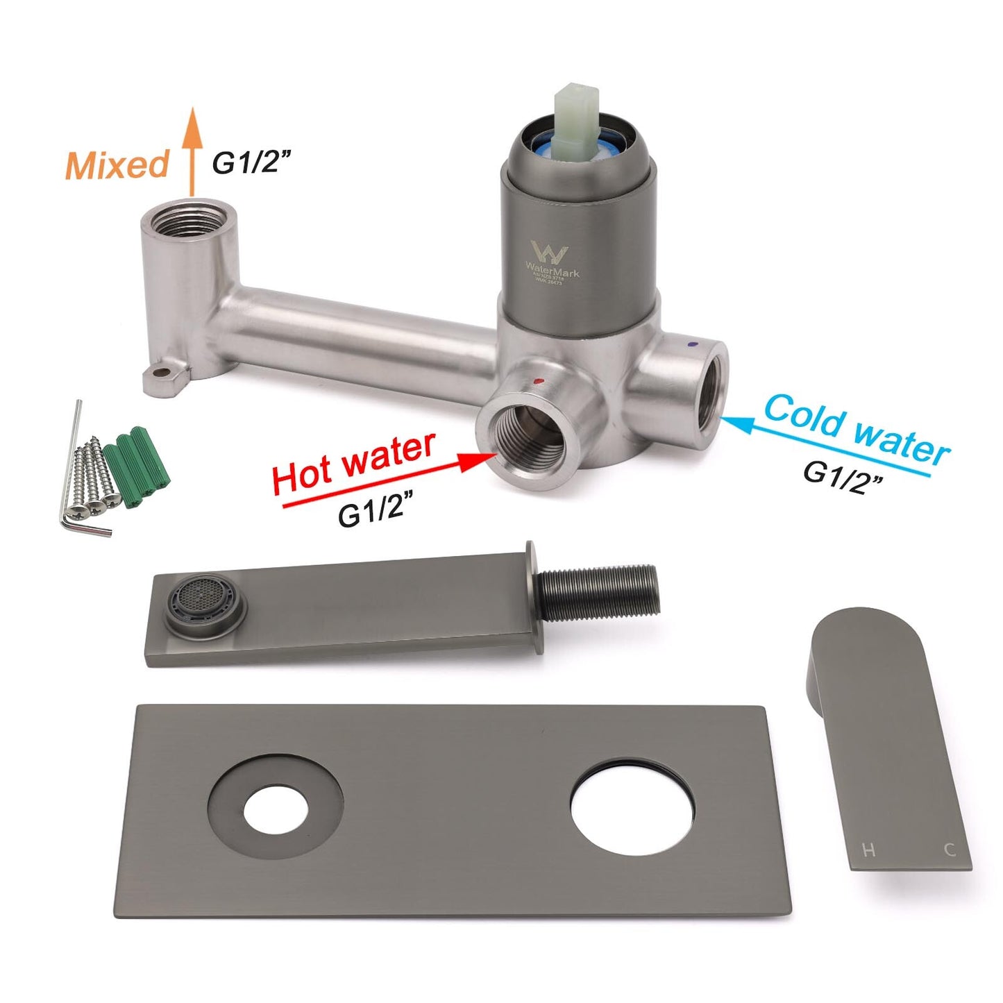 WELS 4.5L/m Gun Metal Square Wall Mount Basin Mixer Laundry Faucet Tap Spout Set - Image 7