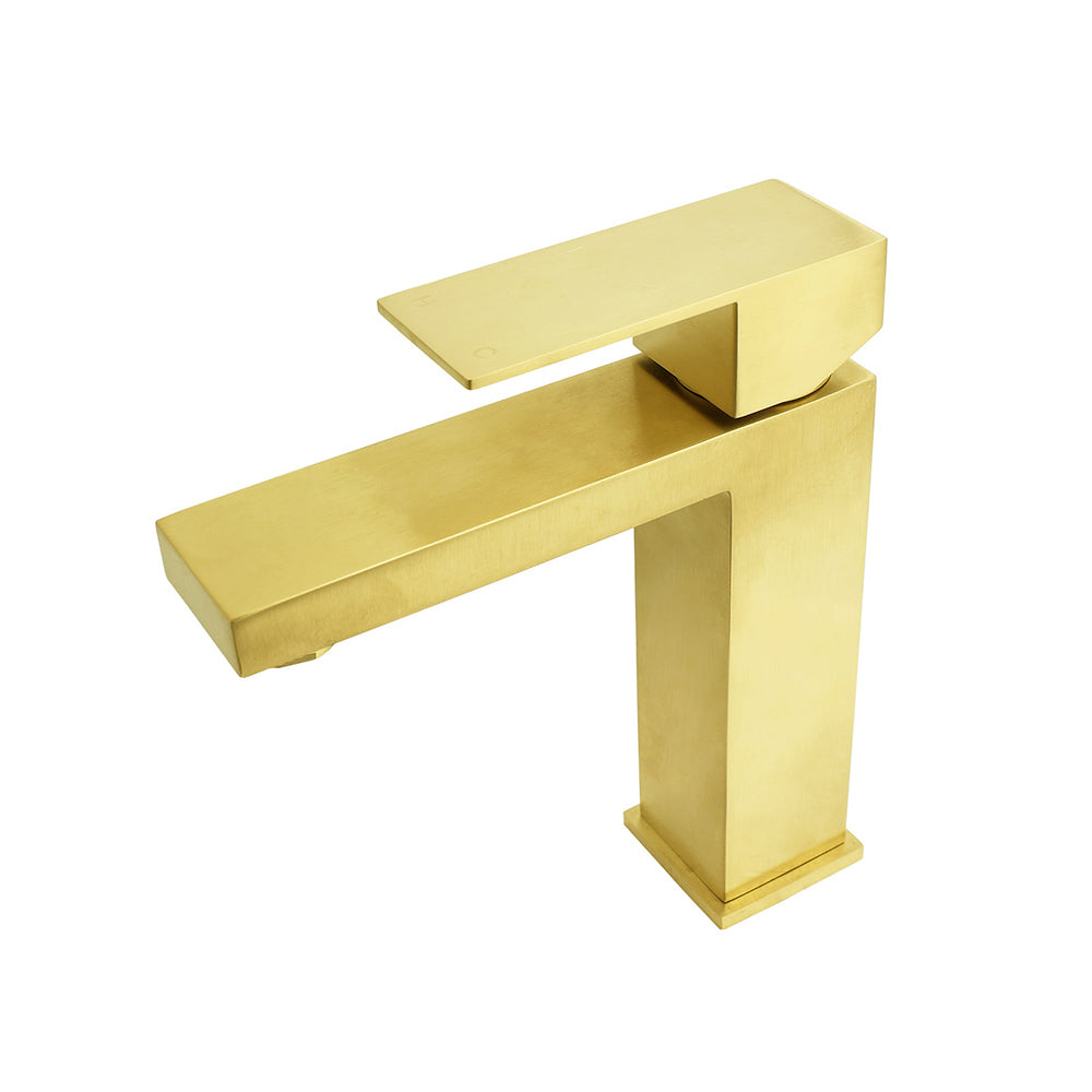 Brushed Gold 165mm Square Basin Mixer Faucet Hot Cold Tap Kitchen Laundry Vanity - Image 2