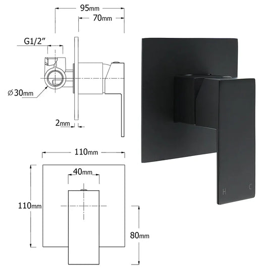 Matt Black Square Shower Mixer Hot Cold Tap Ceramic Cartridge Spindle Watermark - Image 2