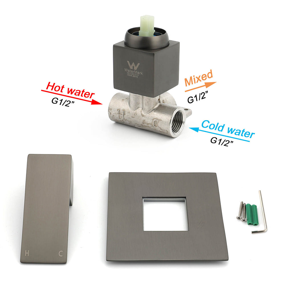 Watermark Gun Metal Square Bath Shower Mixer Hot Cold Tap Ceramic Cartridge Valve - Image 3