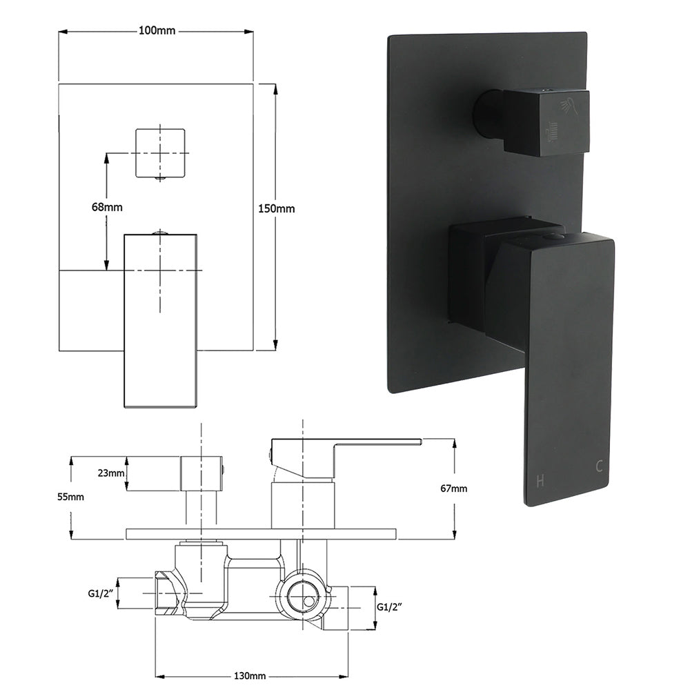 Matt Black Square Stainless Steel Shower Mixer 2 Way Bath Set Diverter Watermark - Image 3