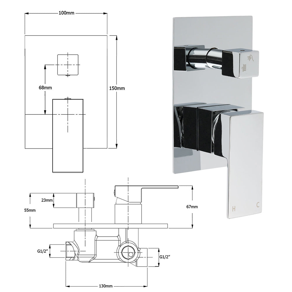 Bathroom Square Shower Mixer Diverter Tap Square Chrome For Spout Shower Head - Image 3