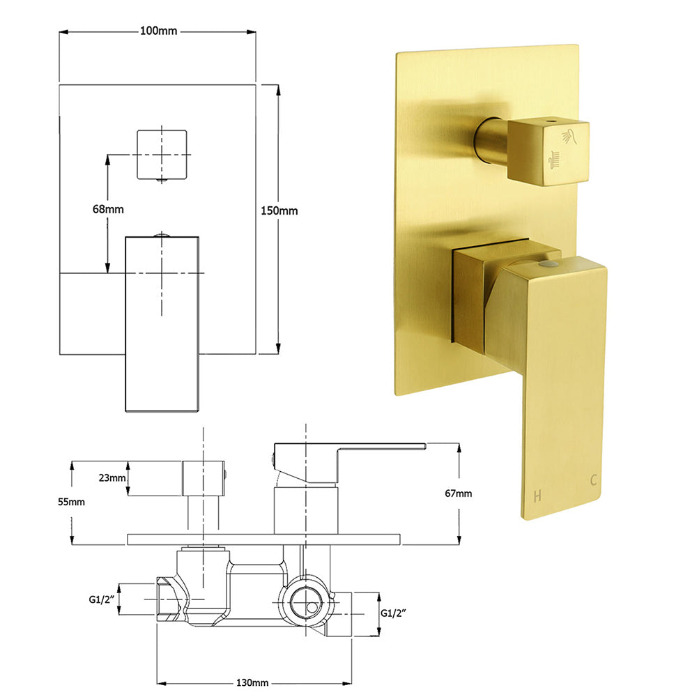 Watermark 1/2 Inch Shower Mixer Diverter Brushed Gold Square Stainless Steel Set - Image 4