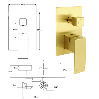 Watermark 1/2 Inch Shower Mixer Diverter Brushed Gold Square Stainless Steel Set - Image 4
