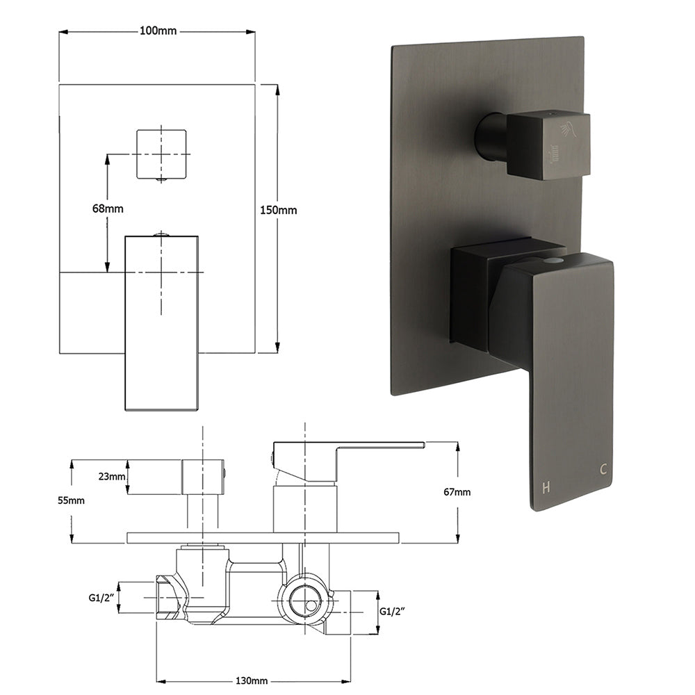 Gun Metal Square Stainless Steel Bath Shower Mixer 2 Way Switch Diverter Watermark - Image 4