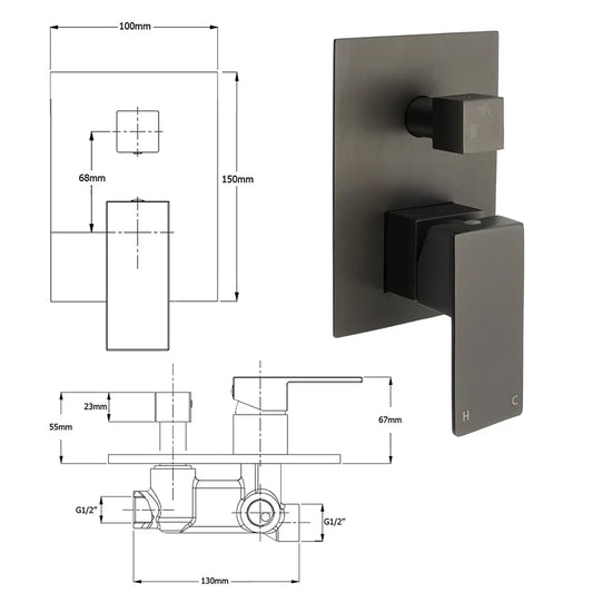 Gun Metal Square Stainless Steel Bath Shower Mixer 2 Way Switch Diverter Watermark - Image 2