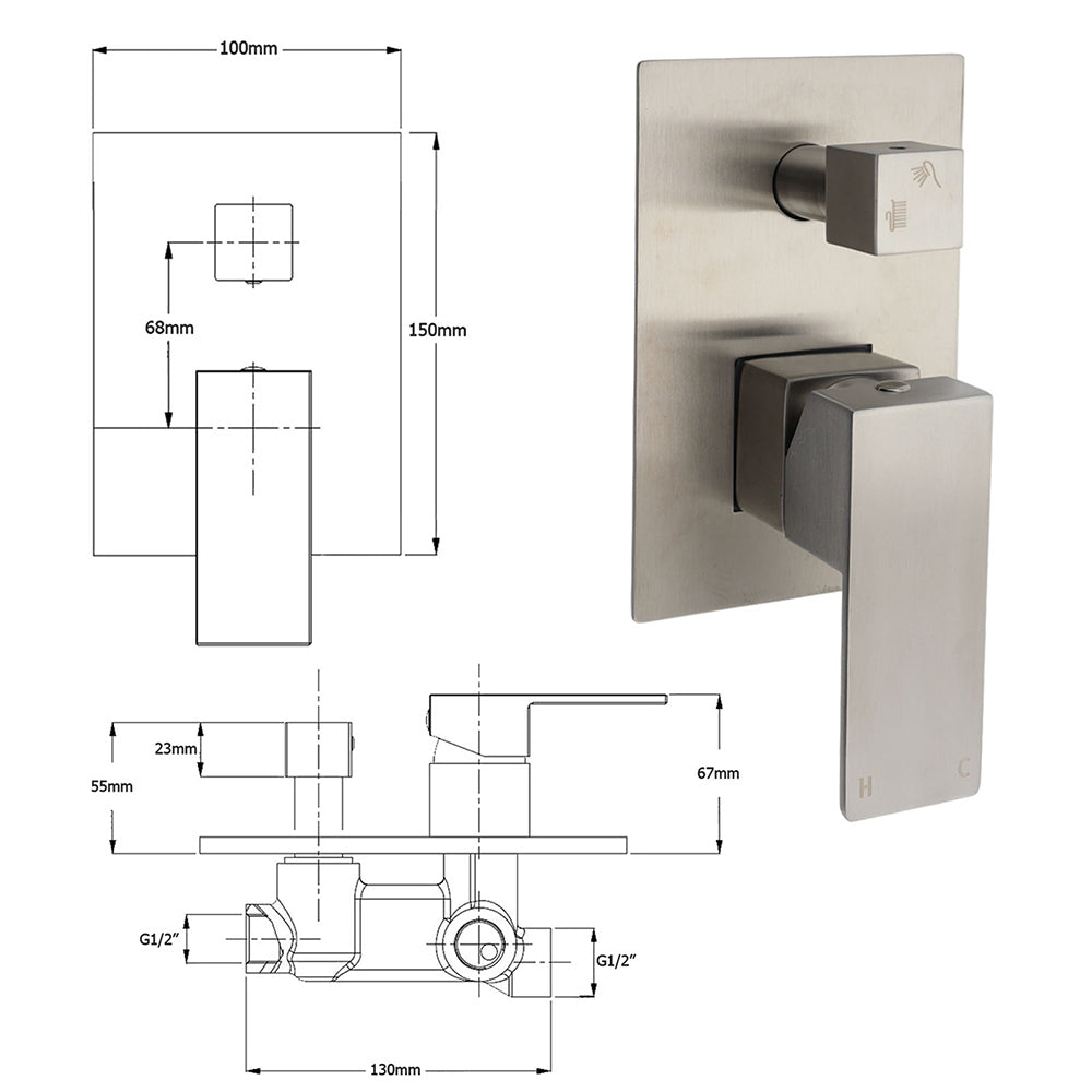 AU Standard 1/2 Inch Shower Mixer Diverter Brushed Nickel Square 2 Way Switch - Image 4