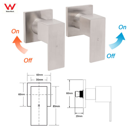 Brushed Nickel Square 1/4 Turn Wall Mounted Twin Taps For Shower Bath Spout Set - Image 2