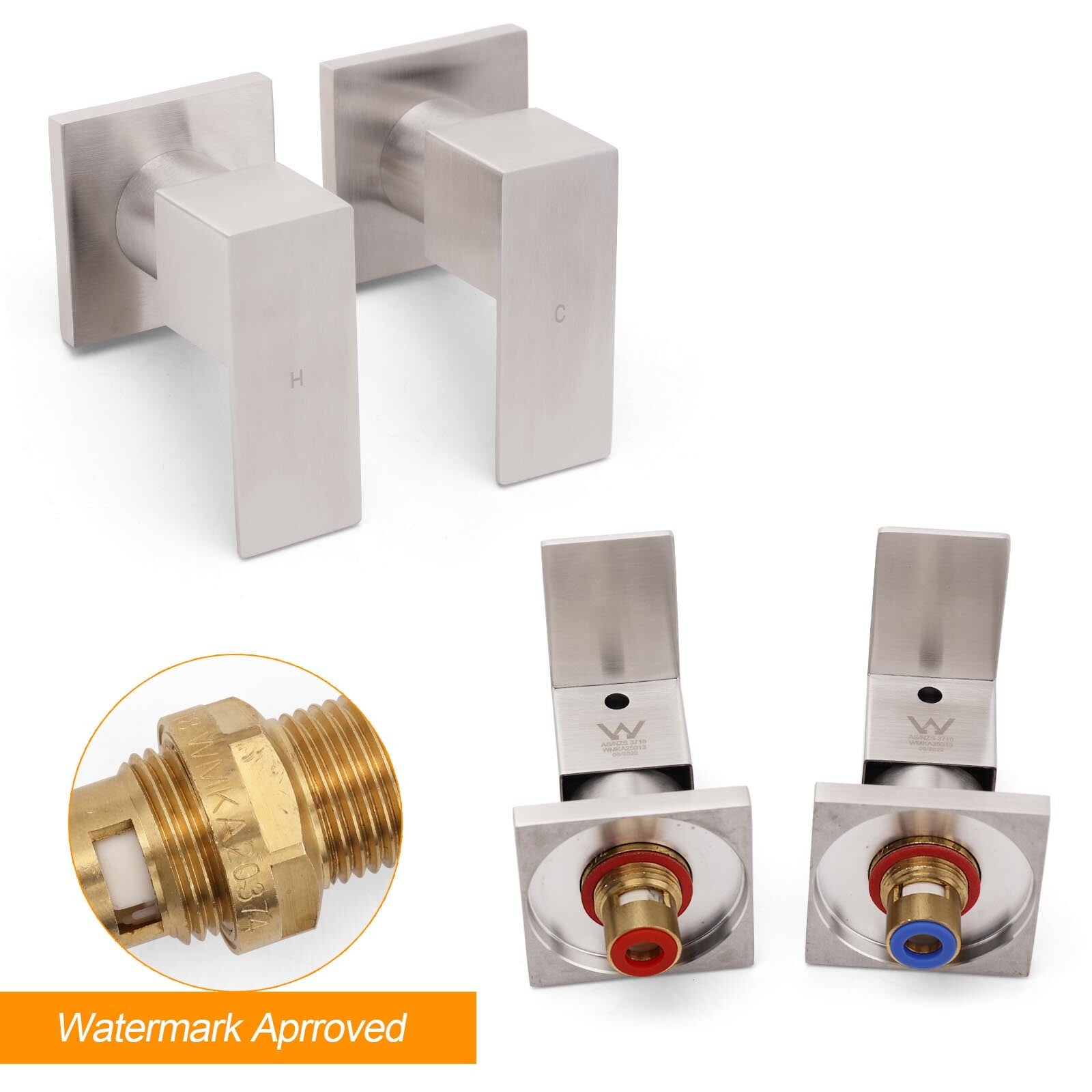 Brushed Nickel Square 1/4 Turn Wall Mounted Twin Taps For Shower Bath Spout Set - Image 3