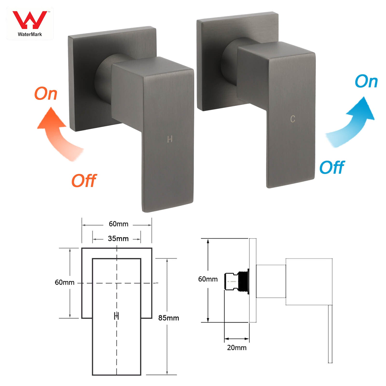 Gun Metal Grey Square 1/4 Quarter Turn Wall Twin Taps For Shower Basin Spout Set - Image 2