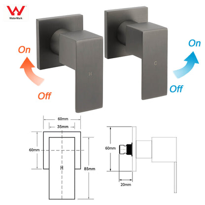 Gun Metal Grey Square 1/4 Quarter Turn Wall Twin Taps For Shower Basin Spout Set - Image 2