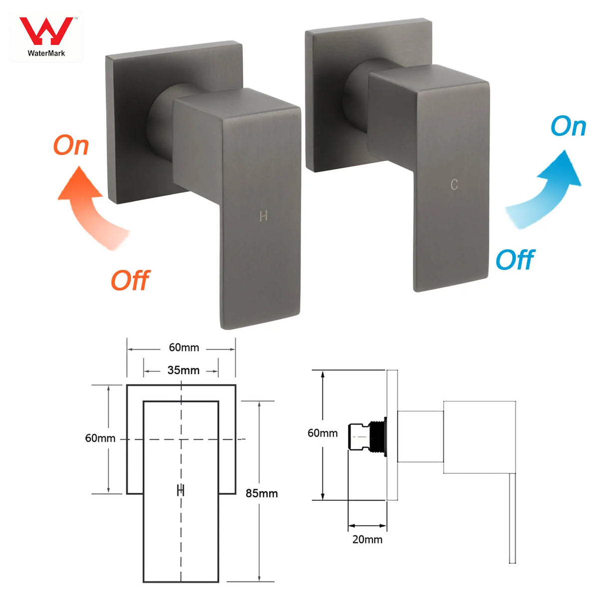 Gun Metal Grey Square 1/4 Quarter Turn Wall Twin Taps For Shower Basin Spout Set - Image 2