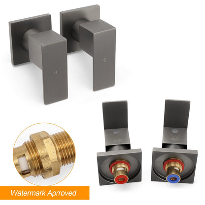 Gun Metal Grey Square 1/4 Quarter Turn Wall Twin Taps For Shower Basin Spout Set - Image 3