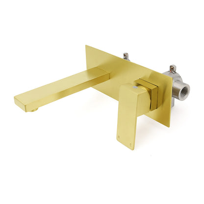 Brushed Gold Square Wall Mount Basin Mixer Laundry Vanity Tap Spout Faucet Set - Image 2