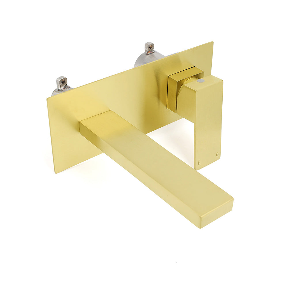 Brushed Gold Square Wall Mount Basin Mixer Laundry Vanity Tap Spout Faucet Set - Image 3