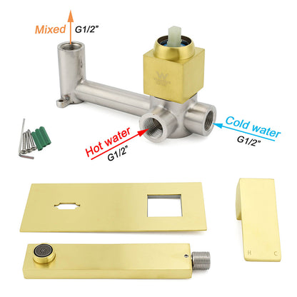 Brushed Gold Square Wall Mount Basin Mixer Laundry Vanity Tap Spout Faucet Set - Image 7