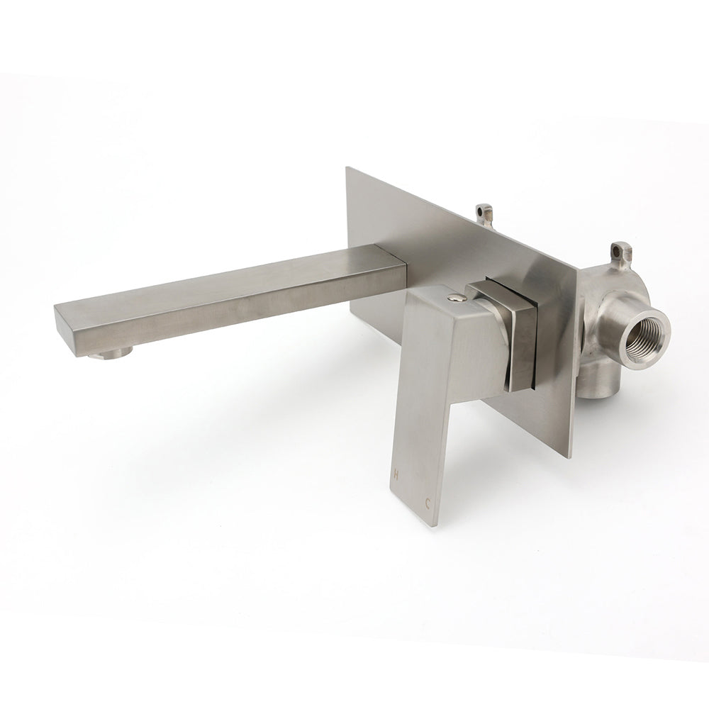 Brushed Nickel Square Wall Mount Basin Mixer Laundry Vanity Tap Spout Faucet Set - Image 2