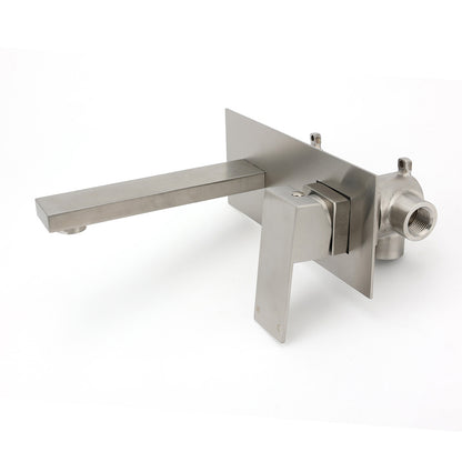 Brushed Nickel Square Wall Mount Basin Mixer Laundry Vanity Tap Spout Faucet Set - Image 2